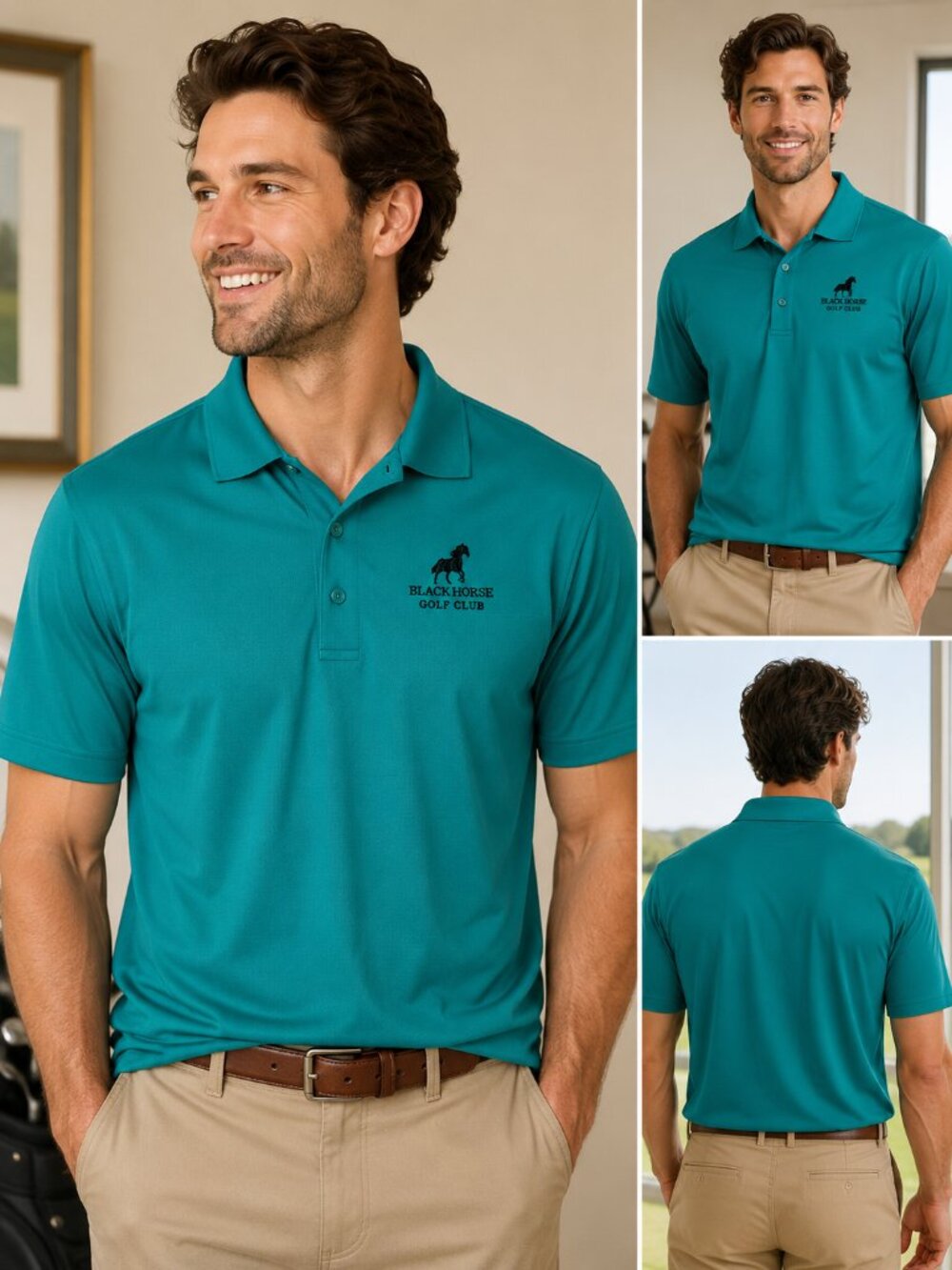 Clique Black Horse Golf Club Performance Polo Shirt Teal Small S Embroidered